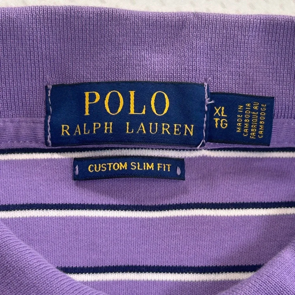Polo Ralph Lauren Mens XL Custom Slim Fit Striped Polo Shirt Purple White Navy